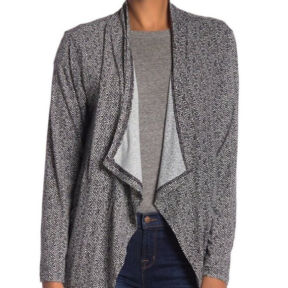 Papillon Black And White Herringbone Draped Open Front Cardigan - Picture 1 of 5